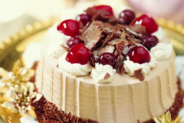 Dessert, cake with cream, cherries and chocolate chips