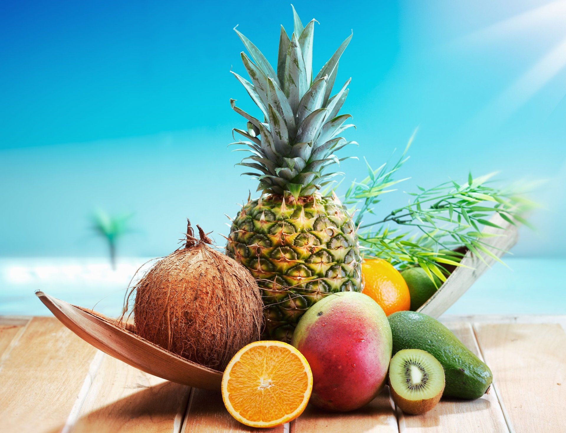 food pineapple coconut orange kiwi fruits background wallpaper widescreen full screen hd wallpaper