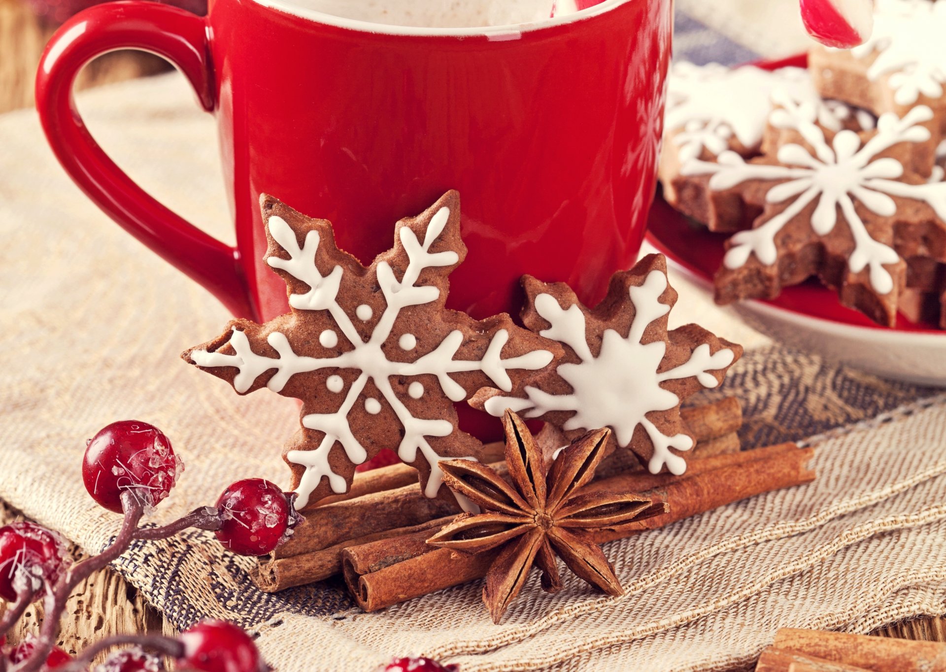 kekse neujahr schneeflocken gewürze zimt anis badjan backen süßigkeiten stechpalme beeren rot tasse weihnachten neujahr