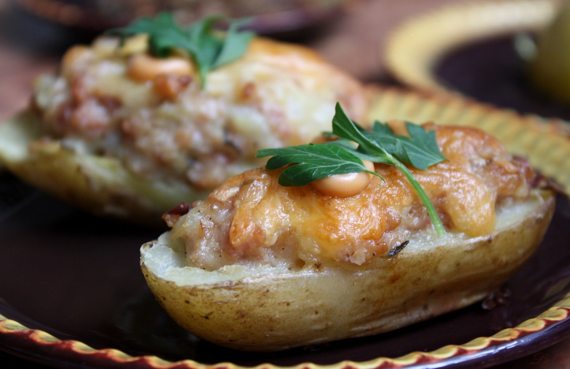 vorspeise grüns kartoffeln soße fleisch käse essen