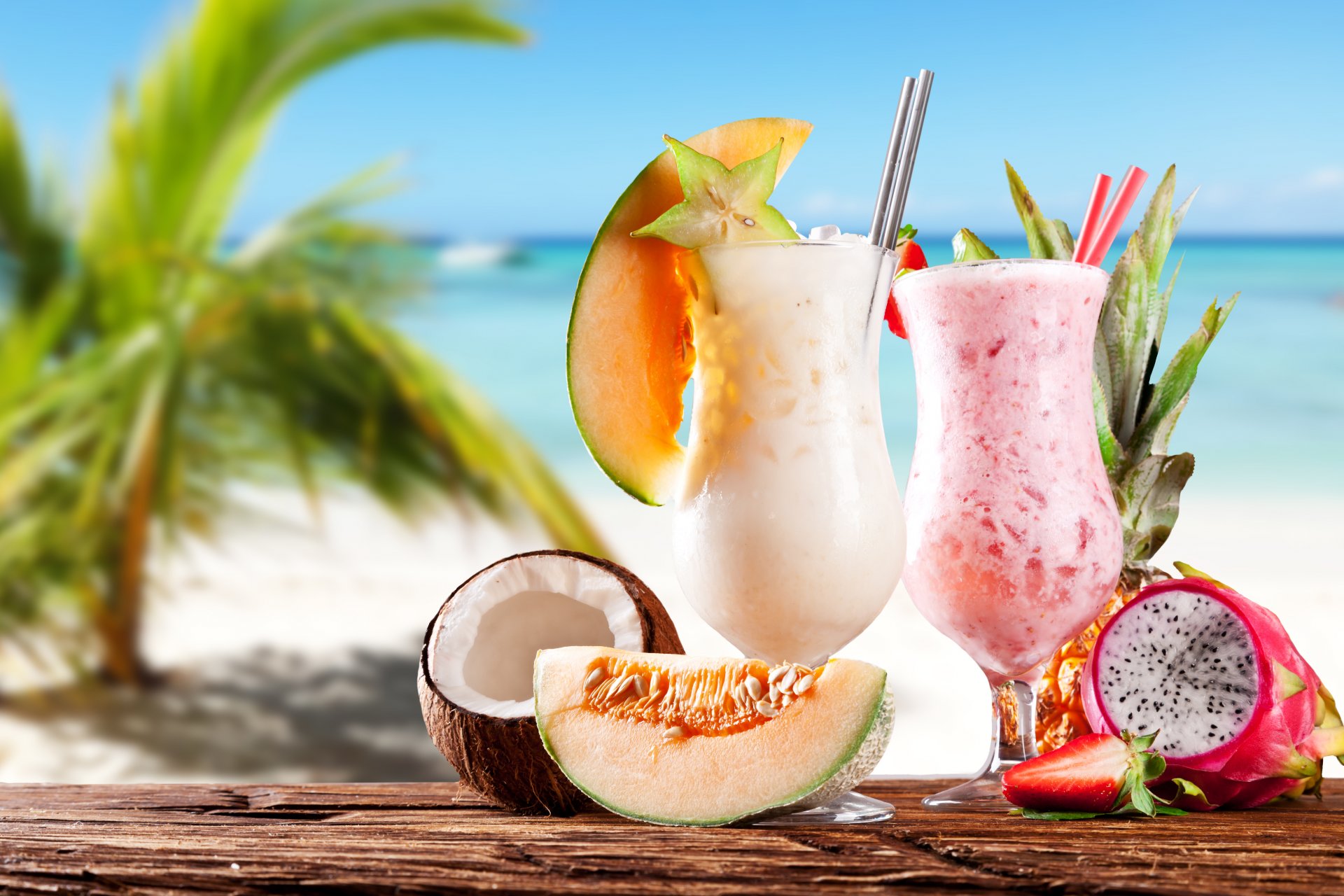 strand meer milchshakes kokosnuss melonen erdbeeren ananas kokosnuss melone