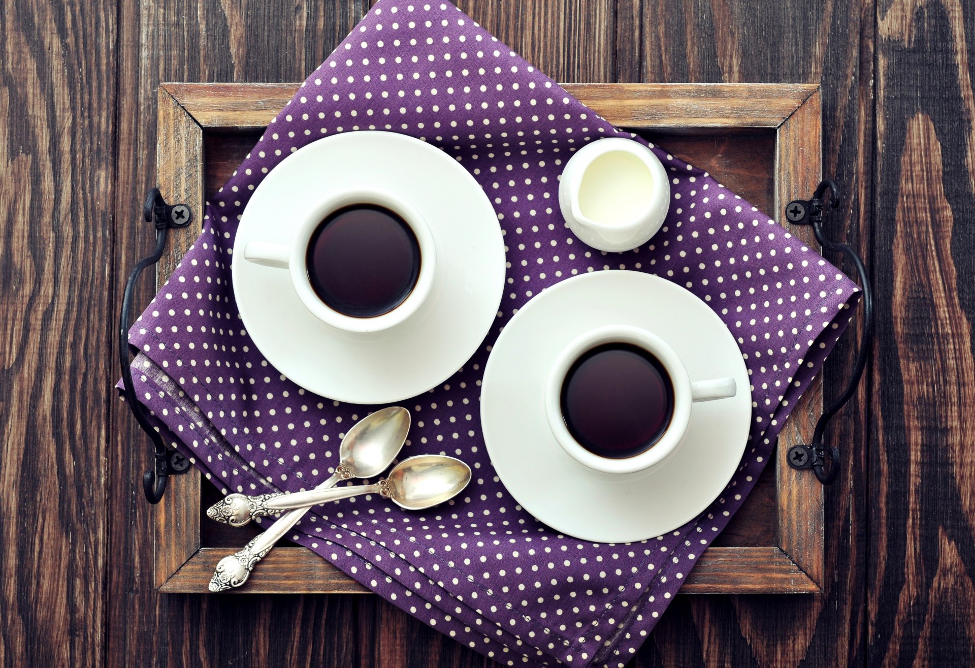 coffee cups saucers milk spoon napkin tray