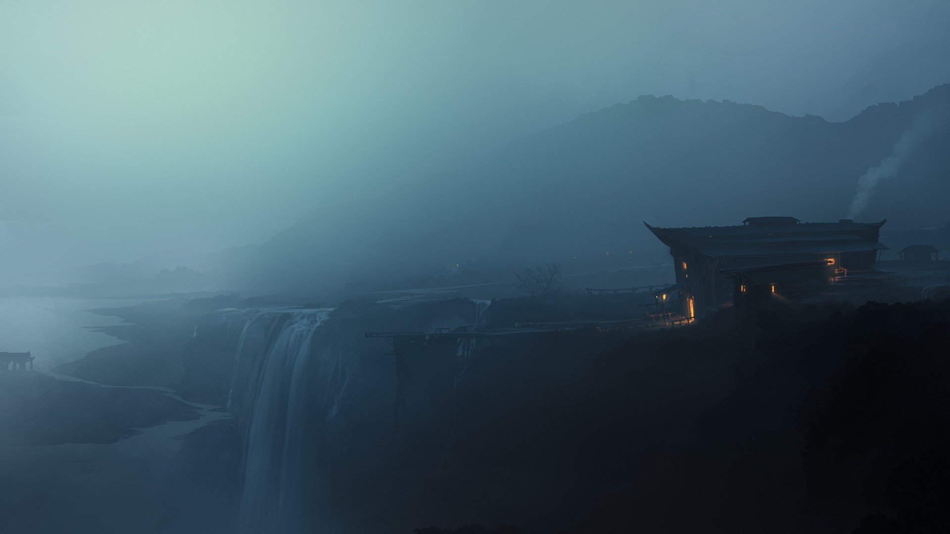 dalina oscurità nebbia scogliera cascata casa luce fumo