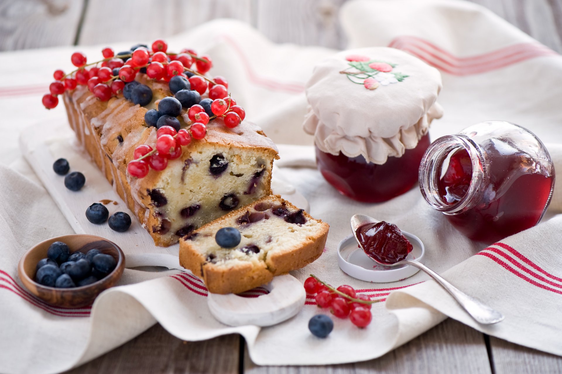 cake jam berries red currant blueberries still life