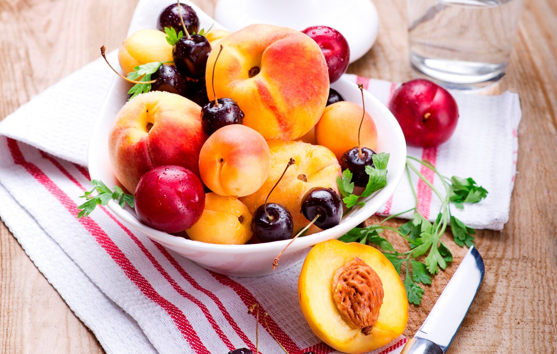 peaches fruits apricots plums berries cherries cherries summer plate knife napkin