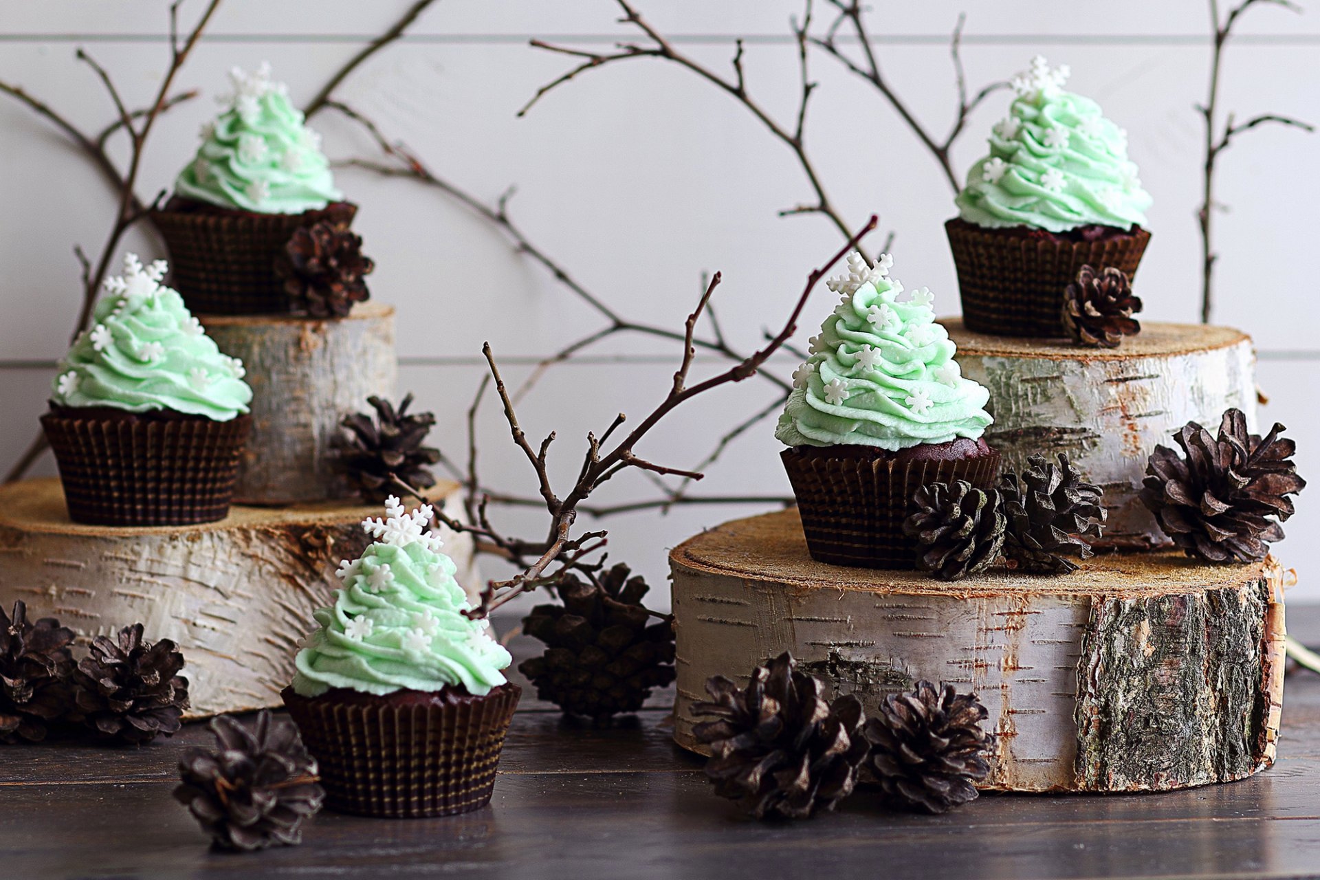 cupcakes cream green cakes sweet food dessert cone branches winter