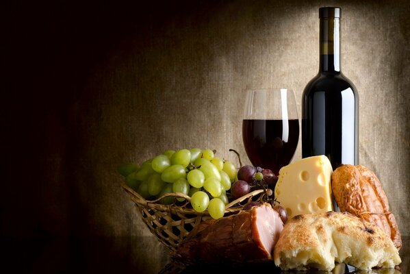 Composition of wine, cheese, balyk, bread and grapes in a basket