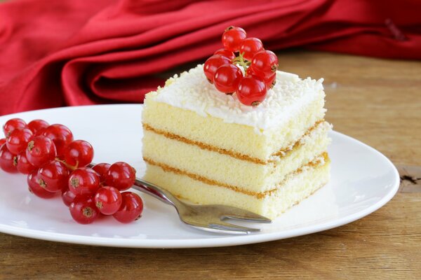 Cake with red currant and red background