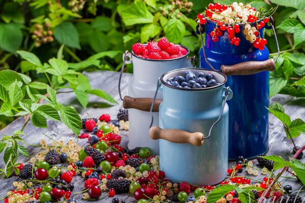 Latas de frambuesas maduras y arándanos