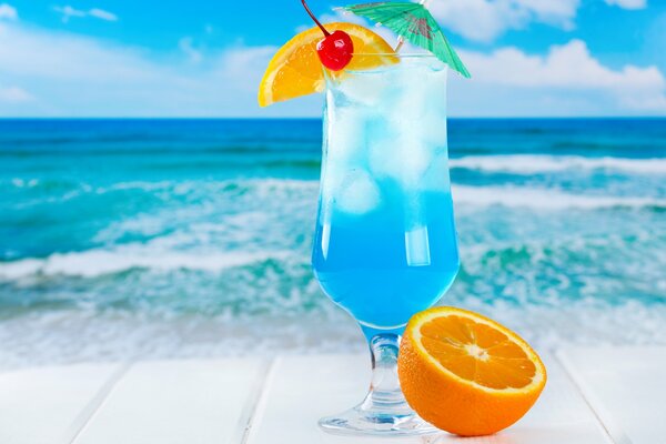 Blue tropical cocktail with ice