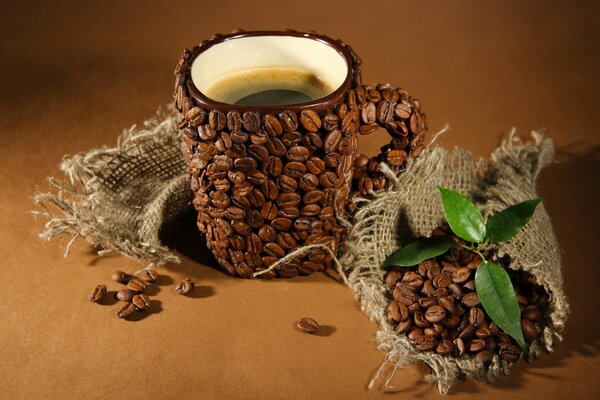 Taza de café de grano en la mesa