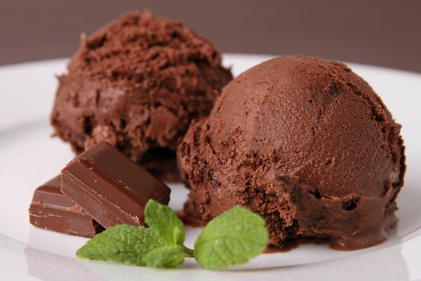 Dos bolas de helado de chocolate con una ramita de menta