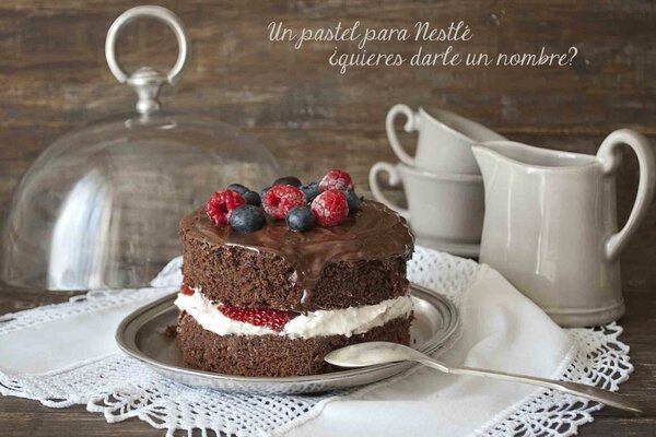 Schokoladendessert mit weißer Creme, garniert mit Himbeeren und Blaubeeren