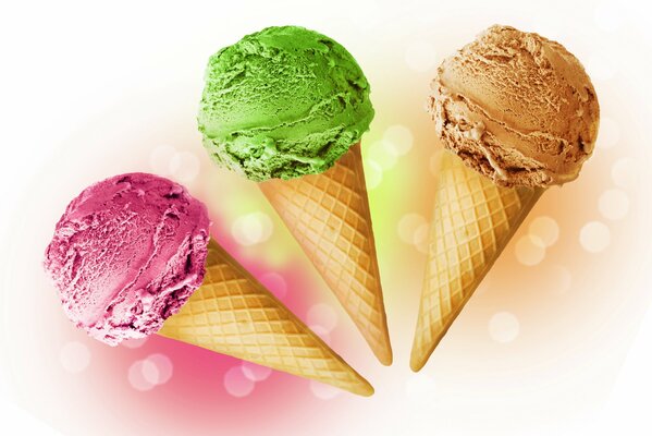 Three cones of multicolored ice cream