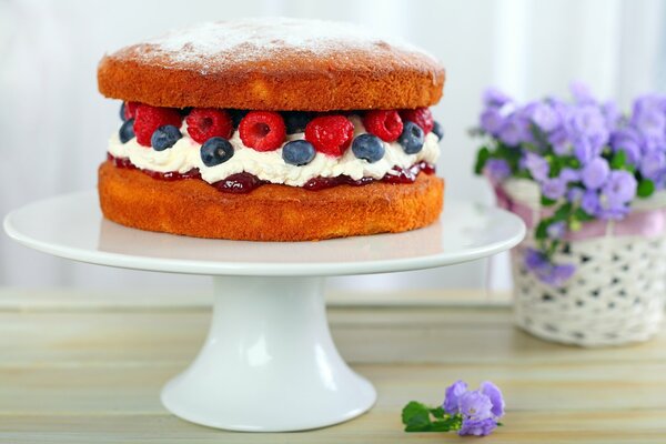 Blaubeer-Himbeerkuchen auf einem Ständer