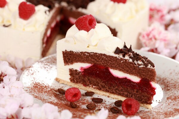 A piece of cake with a filling decorated with raspberries on a plate of coffee sprinkles