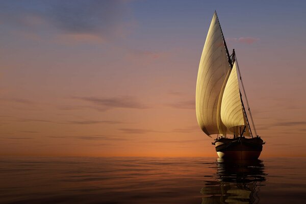 Voile blanche solitaire dans le brouillard bleu de la mer