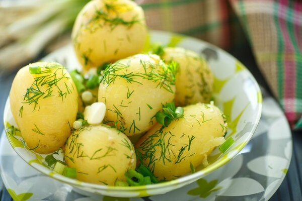 Junge gekochte Kartoffeln mit Frühlingszwiebeln und Dill