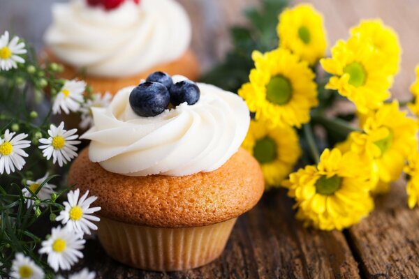 Delicious cupcake on a background of flowers