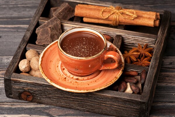 Tasse aromatischer Kaffee mit Gewürzen