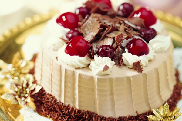 Torta alla crema festiva con cioccolato e ciliegie