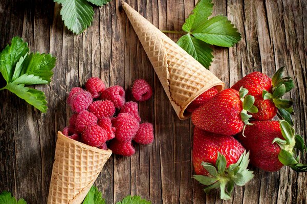 Summer berries in waffle cones