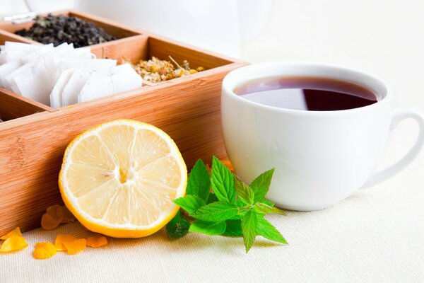 Juego de té en la mesa . Limón, té, menta y corto con especias y té