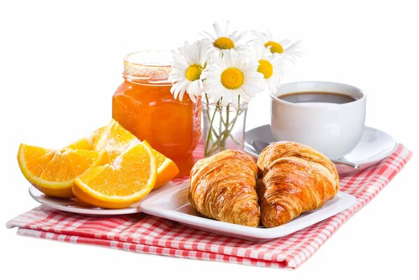 Breakfast of coffee and croissants on a tablecloth