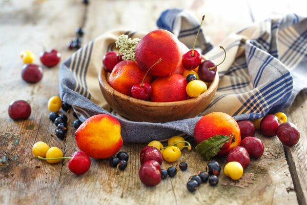 Still life with ripe nectar and peaches