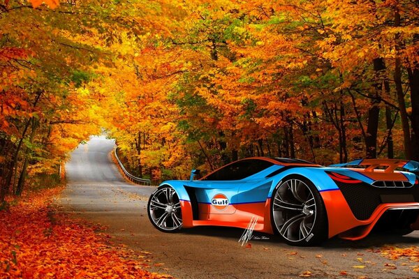 Supercar sur la route à l automne