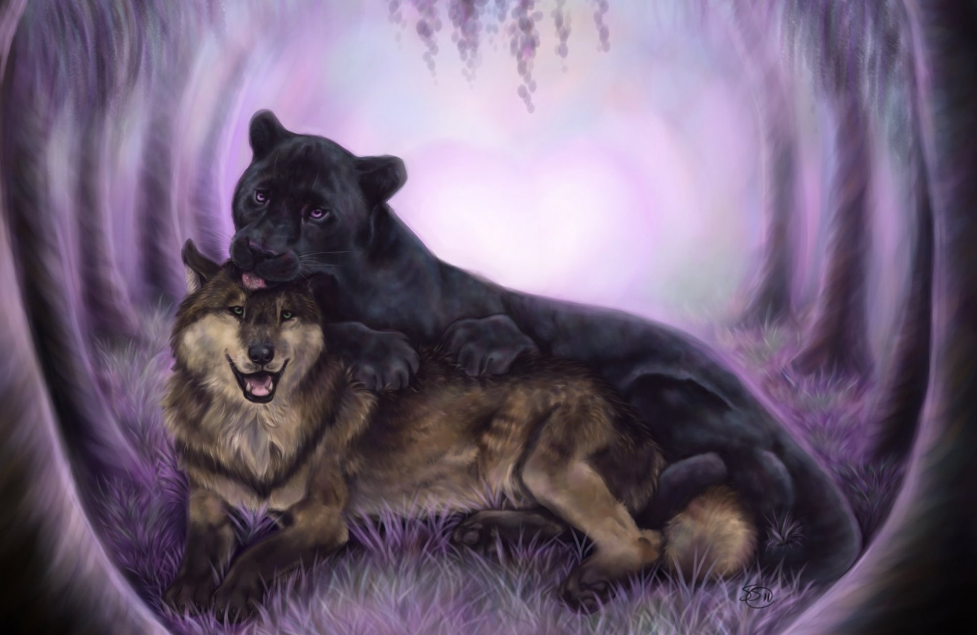 animals art wolf panther black predators friend