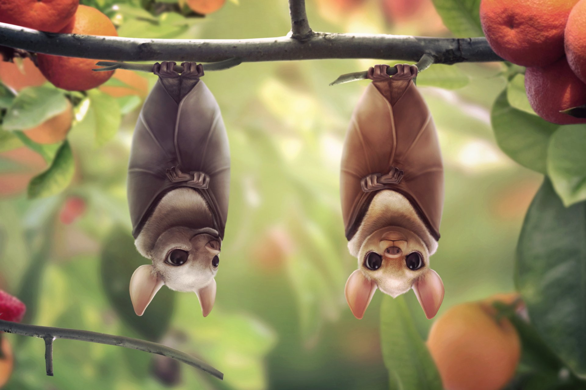 arte pipistrelli due albero frutta mandarini