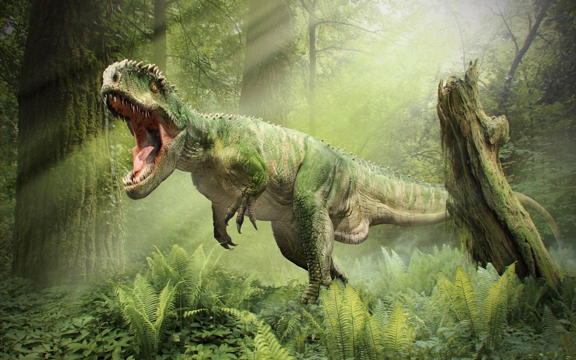 tyrannosaure dinosaure t-rex rugissement gueule forêt