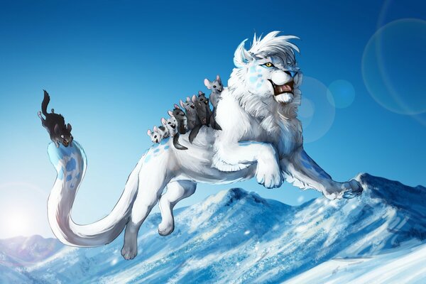 The fabulous lion. the white lion. the lion rides animals. mountains and lion