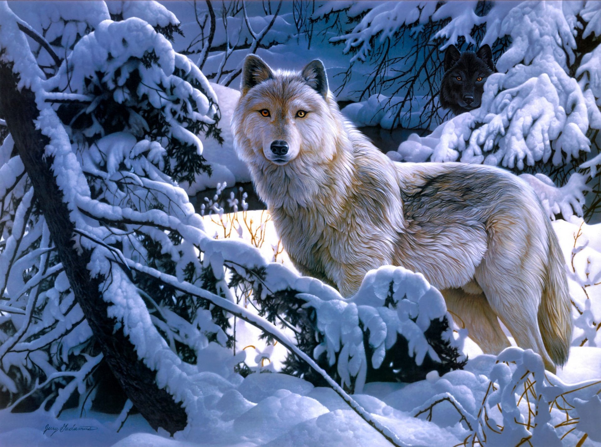 jerry gadamus wolf winter wald schnee kunst