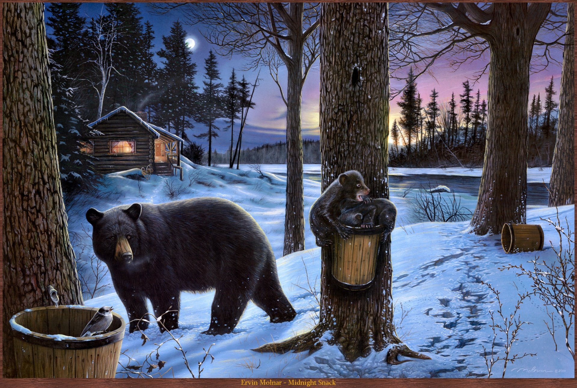 pittura orso cuccioli natura foresta fiume luna inverno capanna casa spuntino di mezzanotte erwin molnar