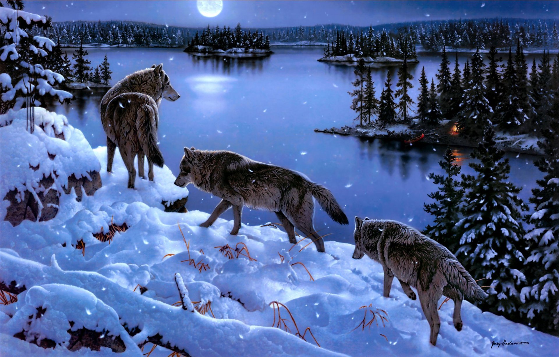 jerry gadamus lobos invierno lago nieve árboles arte