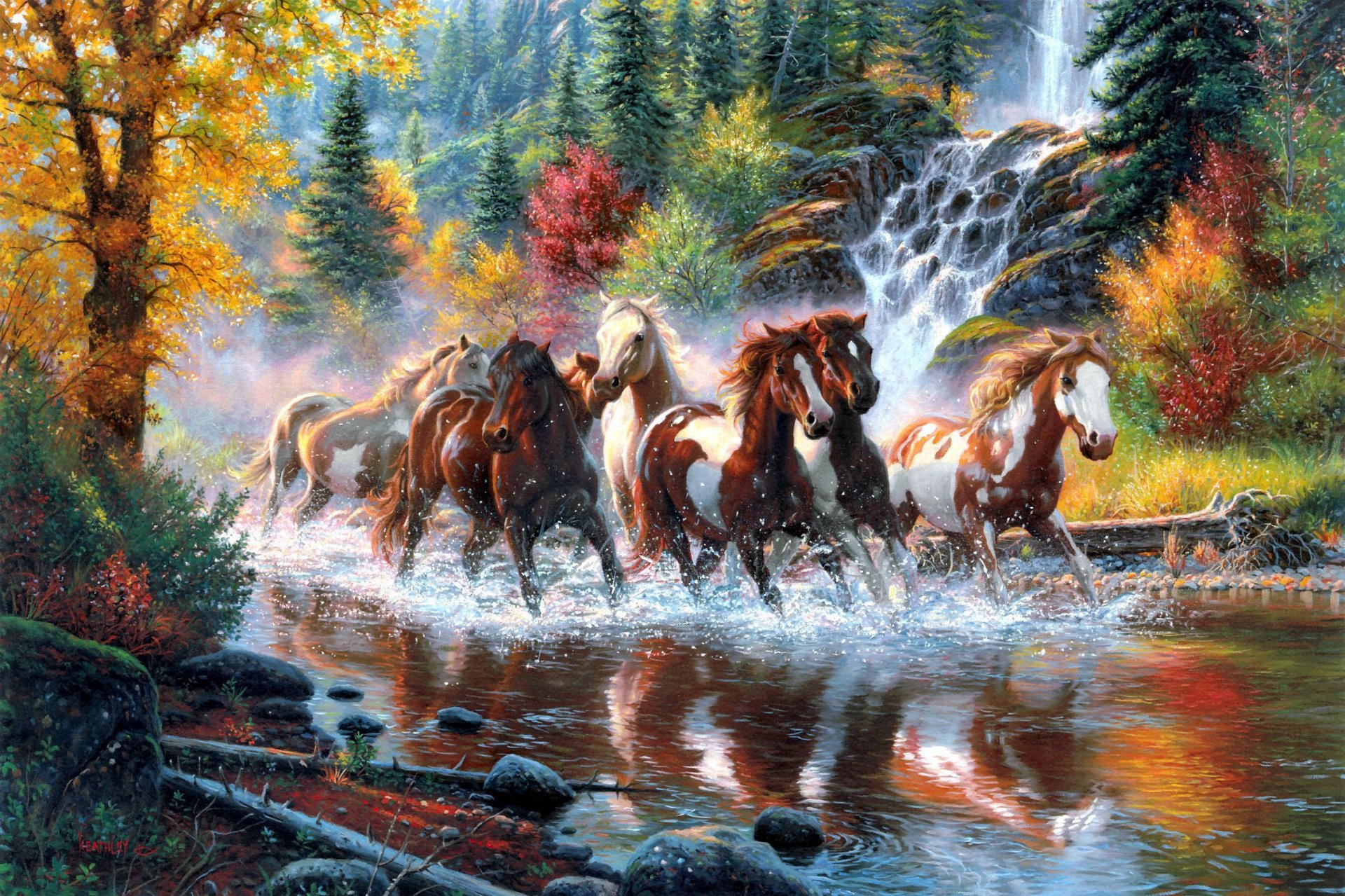 mark keathley horse horses herd river waterfall forest autumn tree art