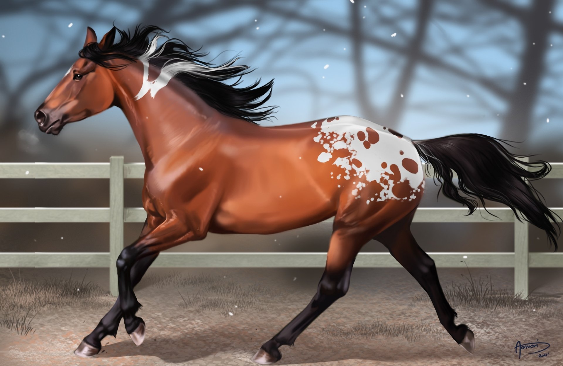 arte aomori caballo caballo manchas nieve cerca desenfoque