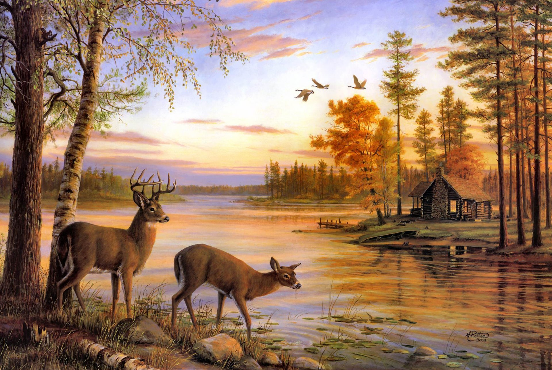 soirée tranquille maria pettisu peinture cerfs nature rivière bouleau