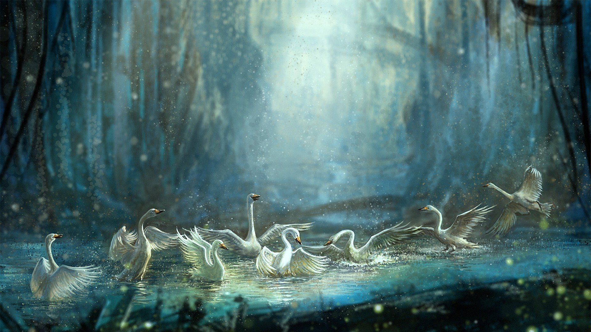 art jiang zhi swans birds pond water swimming spray forest