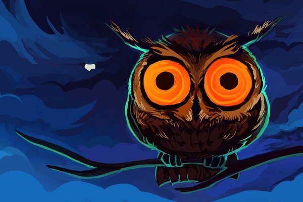 Drawing of an owl on a branch in the night