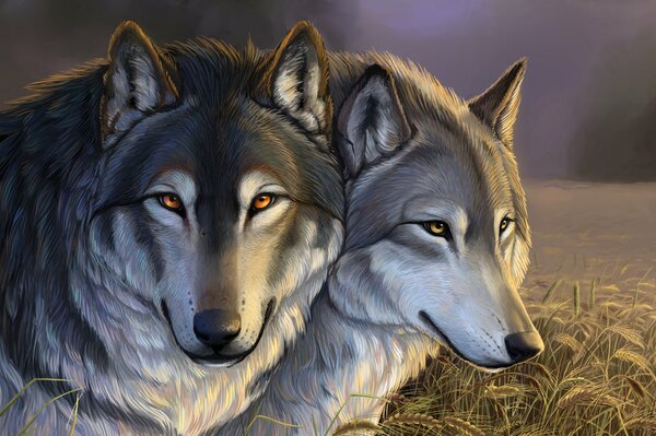 Family portrait of wolves in ethno style