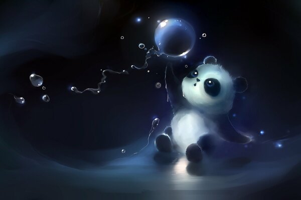 Baby Panda spielt mit Wasserblasen