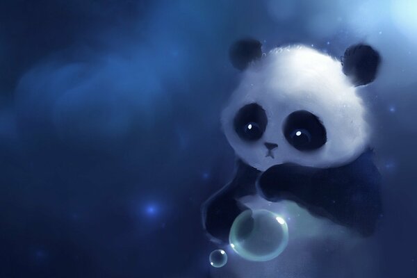 Panda with glowing eyes catches soap bubbles. Blue background. Drawing