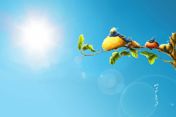 Soleil brillant dans un ciel clair. Branche sur laquelle se trouve un oiseau avec des poussins