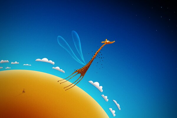 Funny giraffe flew into the sky