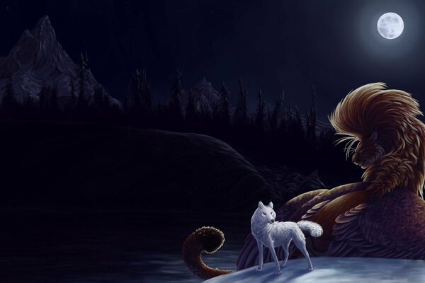 A picture with a wolf on a moonlit night