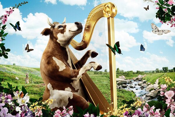 Cow with harp in nature on the background of a stream