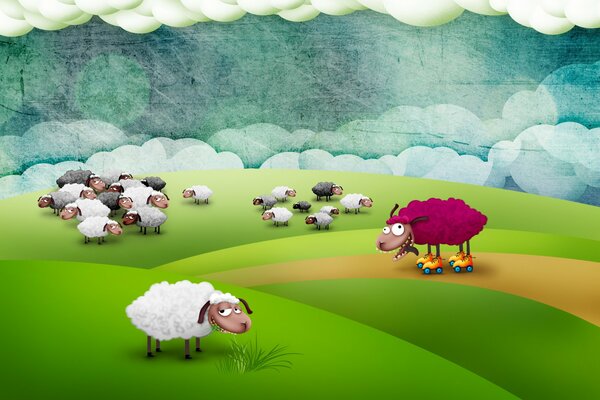 Funny drawing with a crazy sheep on roller skates among other normal